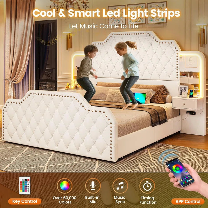 Karlton Bed with 4 Storage Drawers，Led Tall Platform Bed Frame