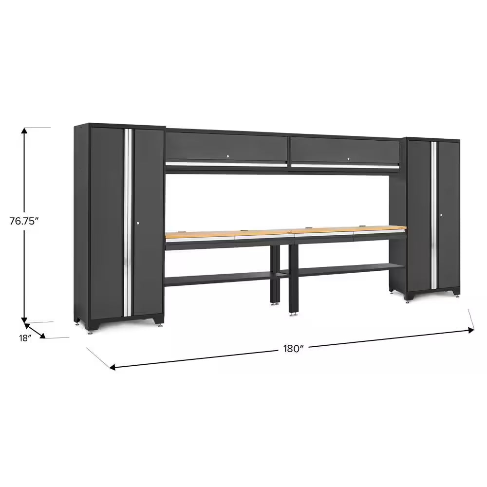 Bold Series 180In.Wx76.75In. Hx18In. D Pre Assembled 24-Gauge Steel 8-Piece Garage Storage System in Gray,Bamboo Worktop