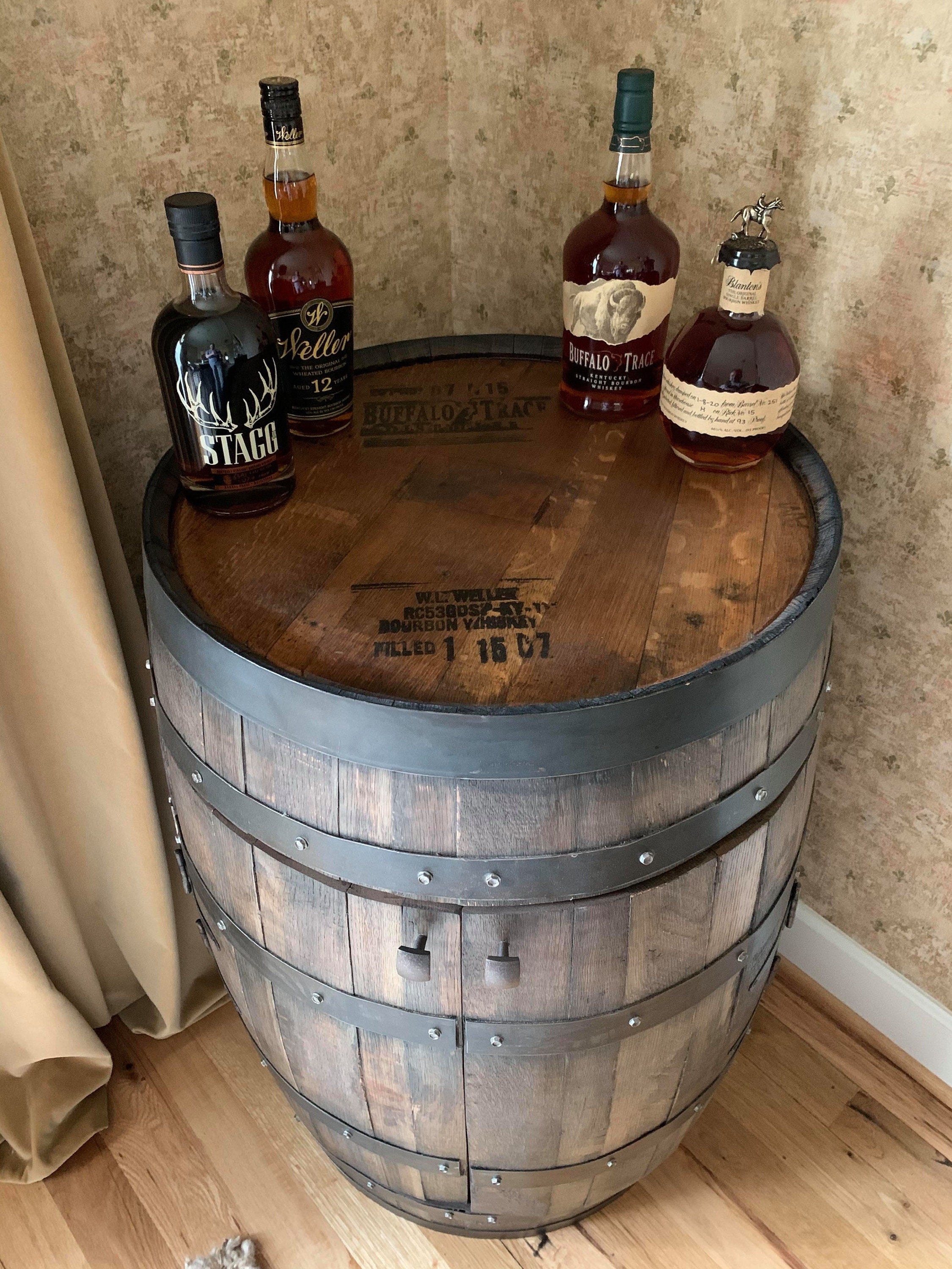 Buffalo Trace Whiskey Barrel Bar Cabinet with LED Lighting & Rotating Shelves