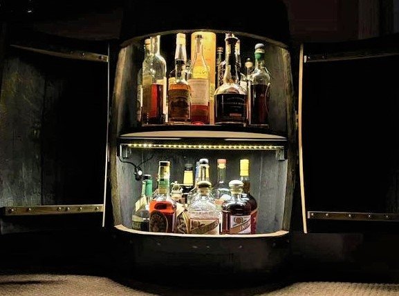 Buffalo Trace Whiskey Barrel Bar Cabinet with LED Lighting & Rotating Shelves