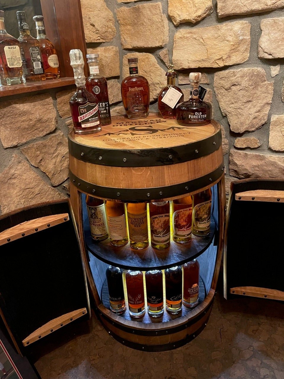 Buffalo Trace Whiskey Barrel Bar Cabinet with LED Lighting & Rotating Shelves