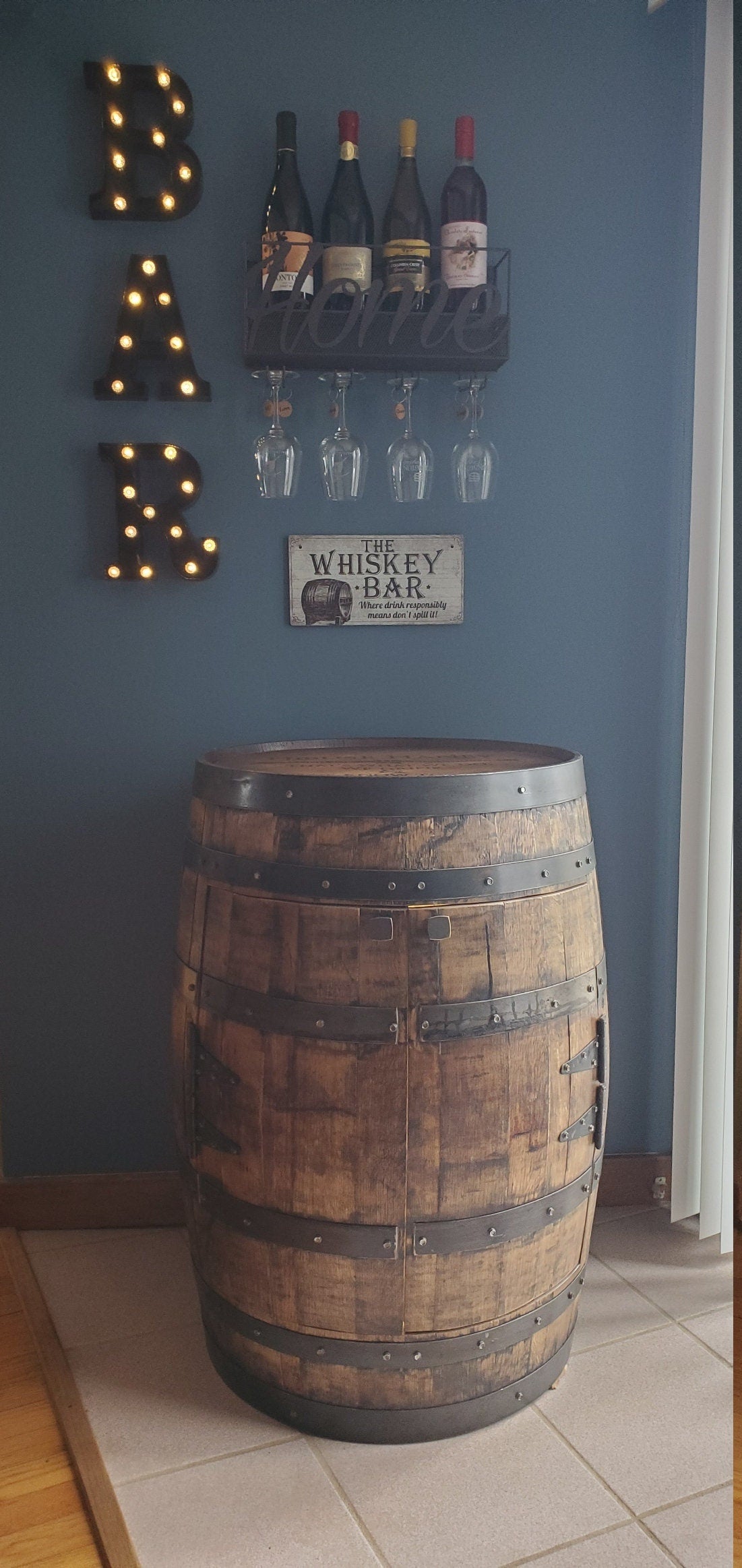 Buffalo Trace Whiskey Barrel Bar Cabinet with LED Lighting & Rotating Shelves