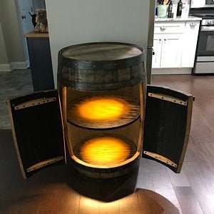 Buffalo Trace Whiskey Barrel Bar Cabinet with LED Lighting & Rotating Shelves