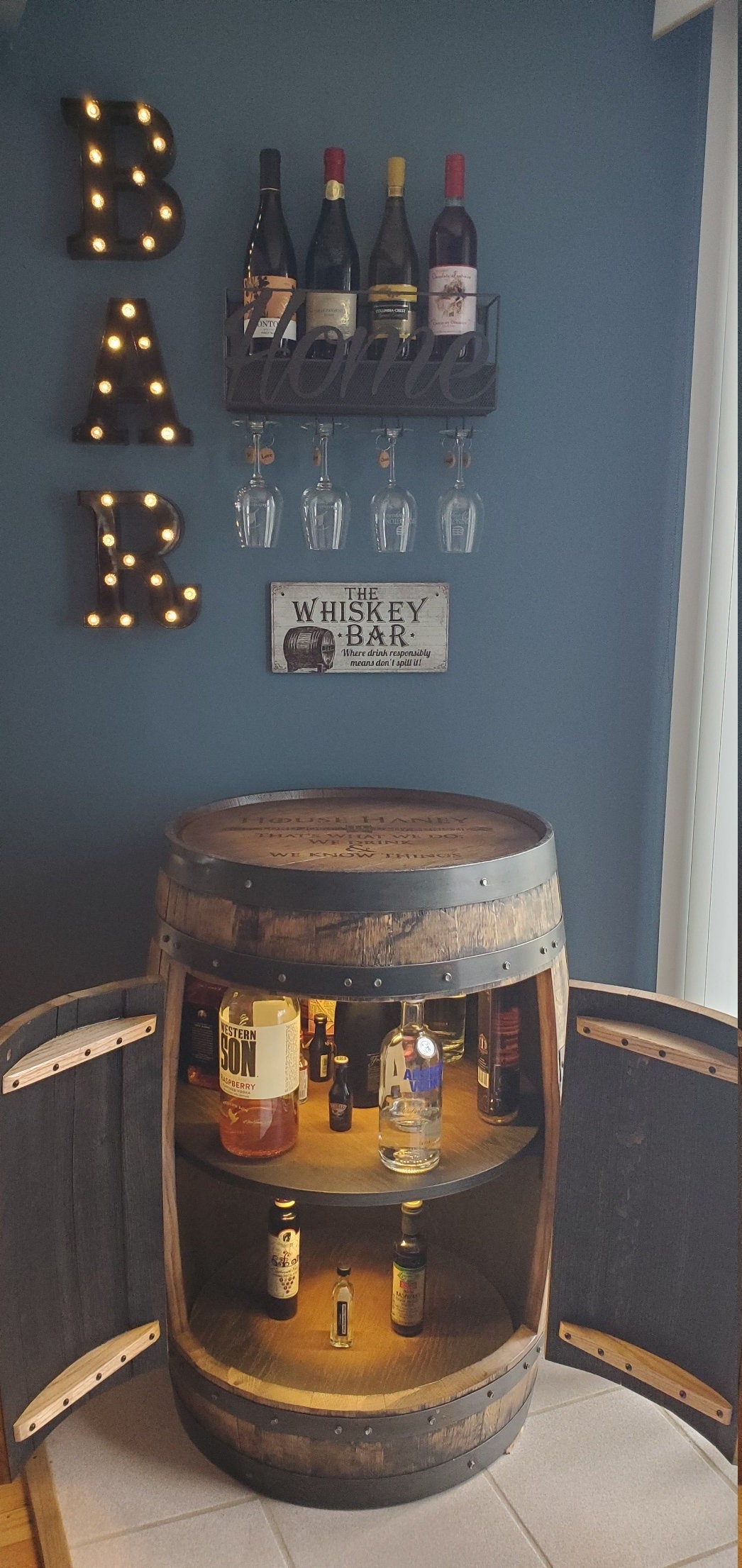 Buffalo Trace Whiskey Barrel Bar Cabinet with LED Lighting & Rotating Shelves