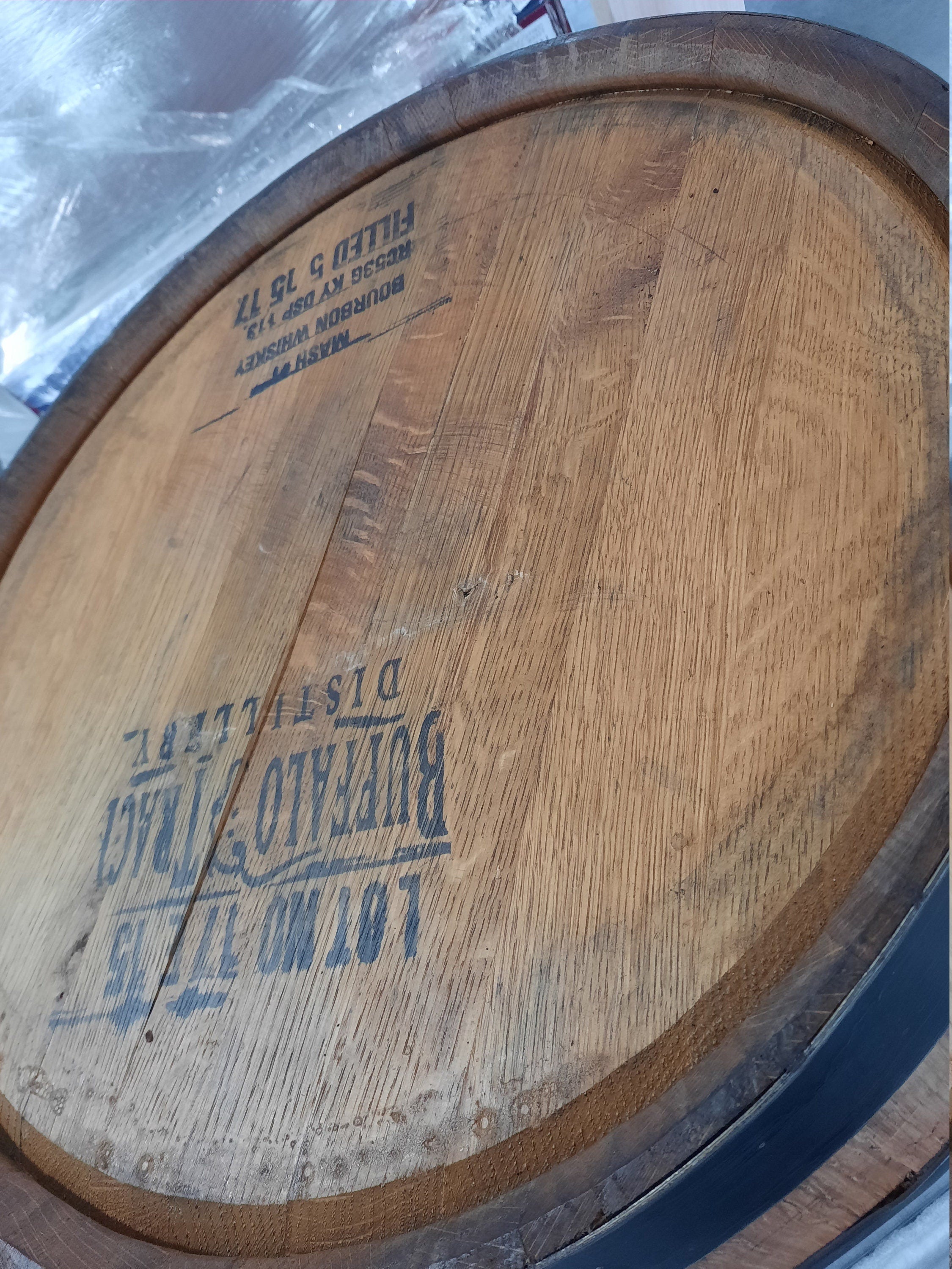 Buffalo Trace Whiskey Barrel Bar Cabinet with LED Lighting & Rotating Shelves