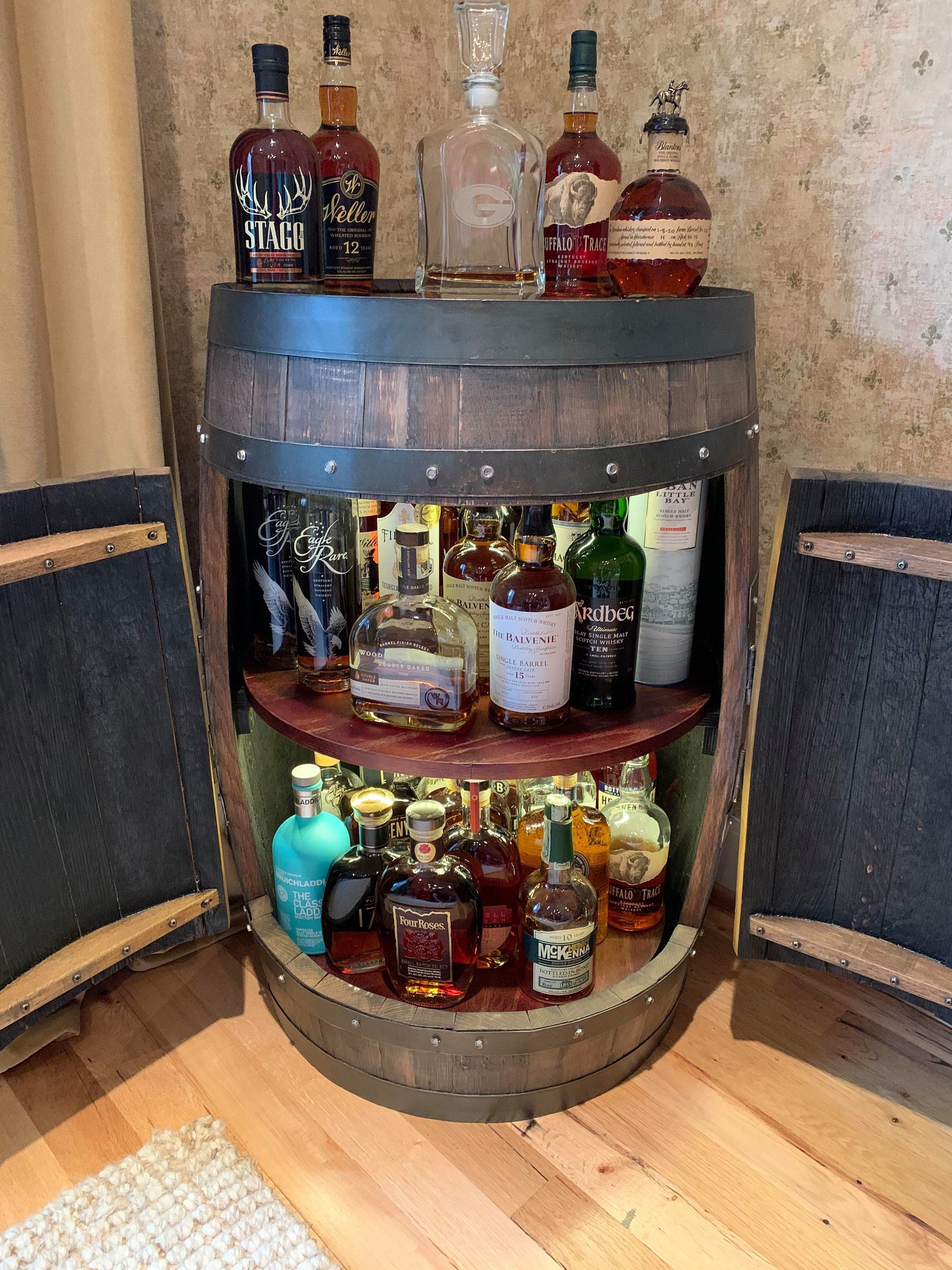 Buffalo Trace Whiskey Barrel Bar Cabinet with LED Lighting & Rotating Shelves
