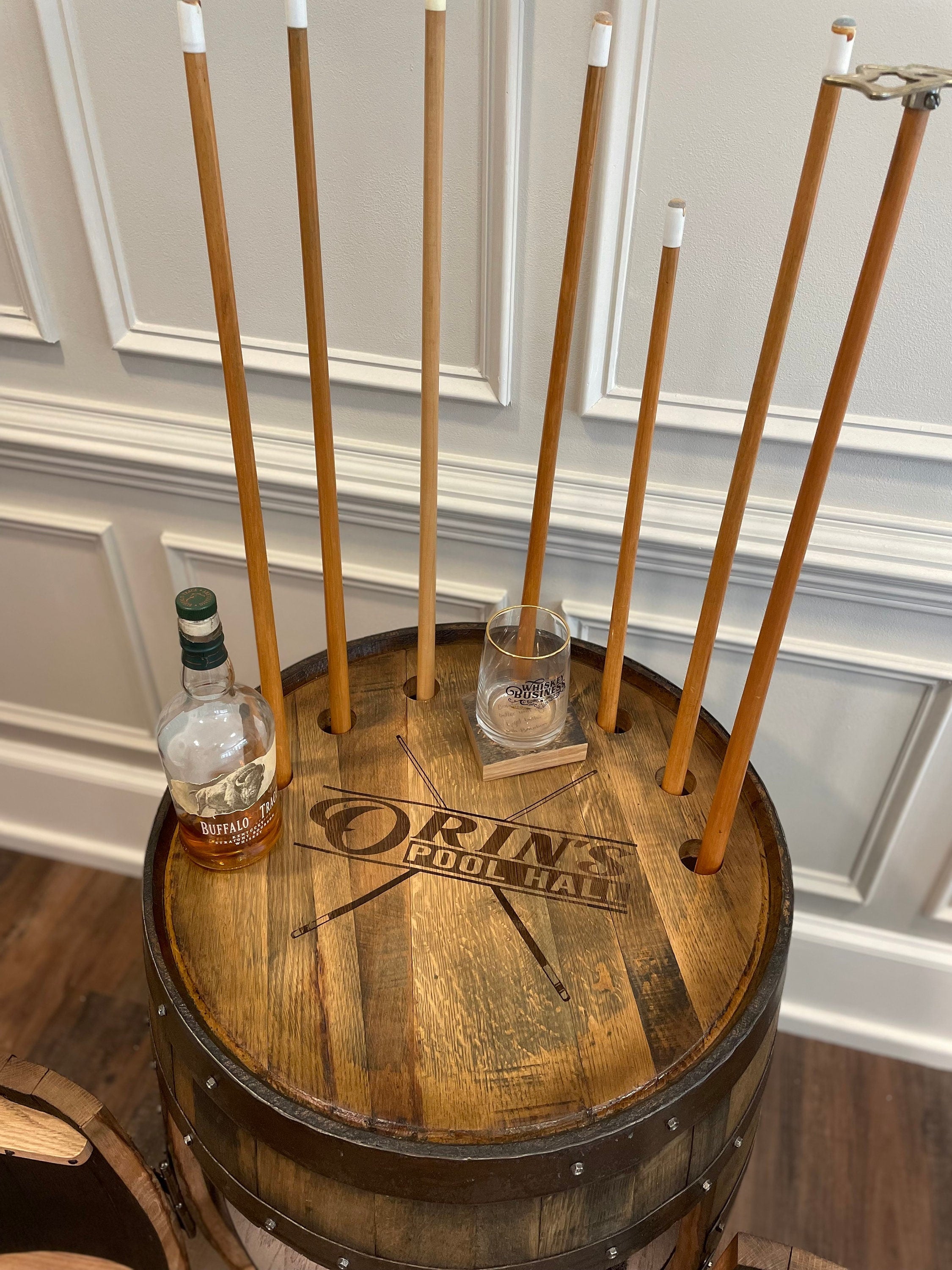 Whiskey Barrel Pool/Billiards Cabinet with LED Lighting