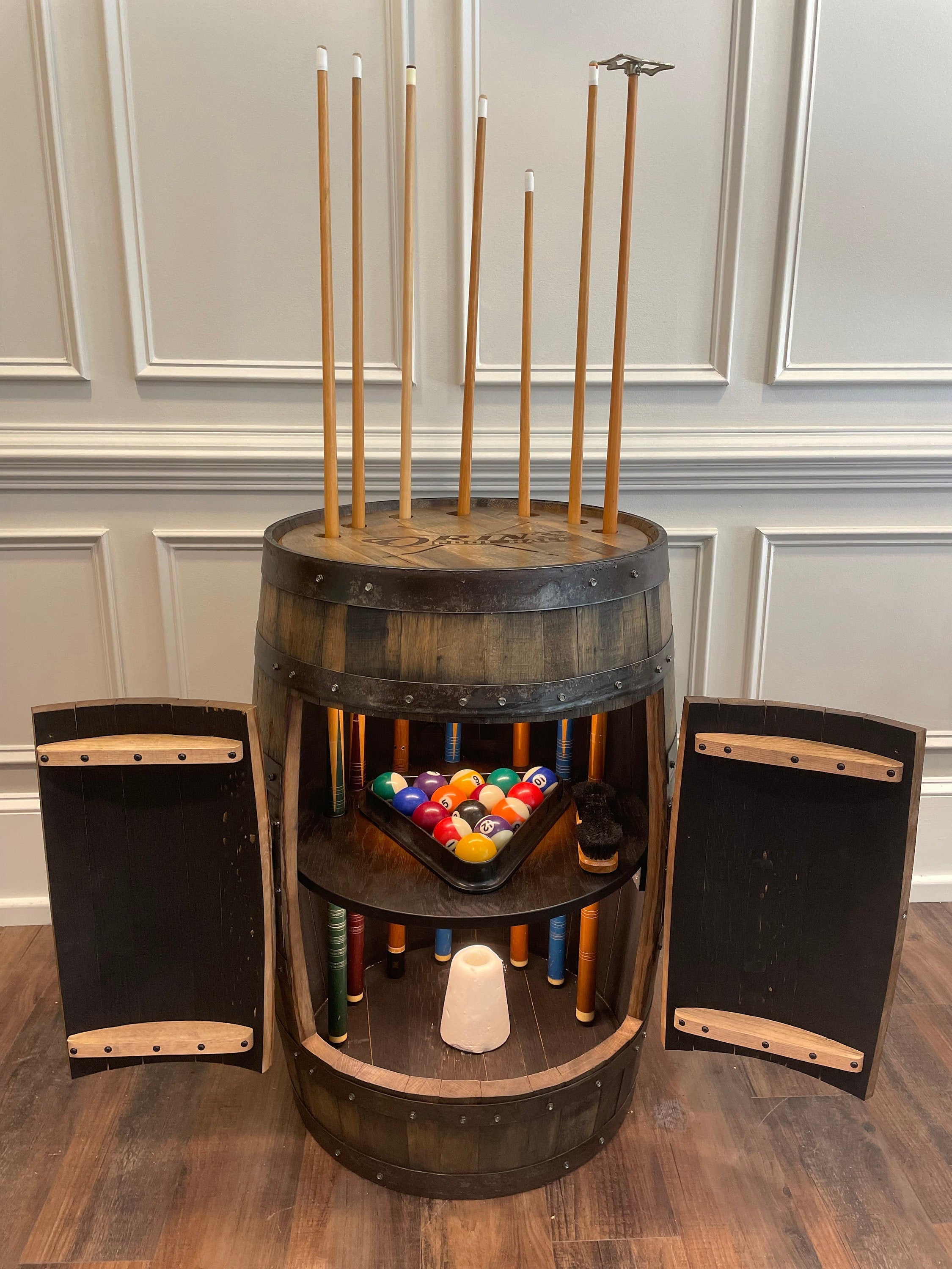Whiskey Barrel Pool/Billiards Cabinet with LED Lighting