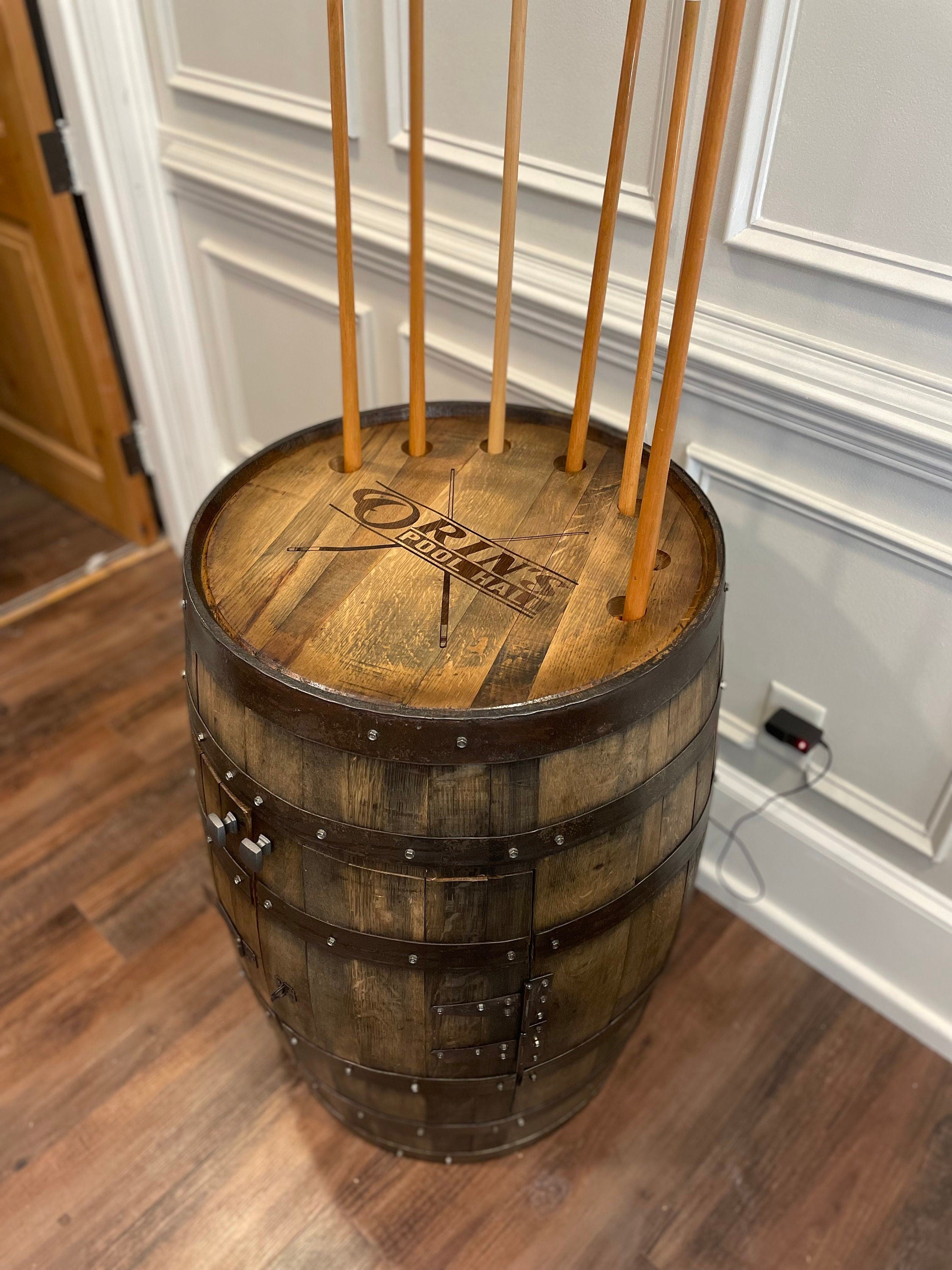 Whiskey Barrel Pool/Billiards Cabinet with LED Lighting