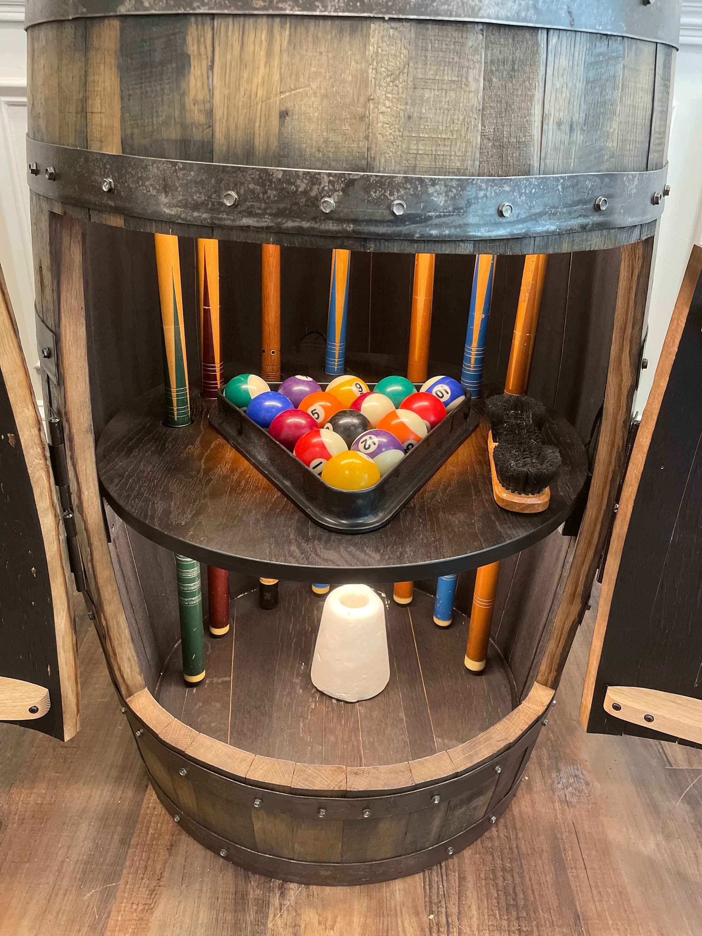 Whiskey Barrel Pool/Billiards Cabinet with LED Lighting