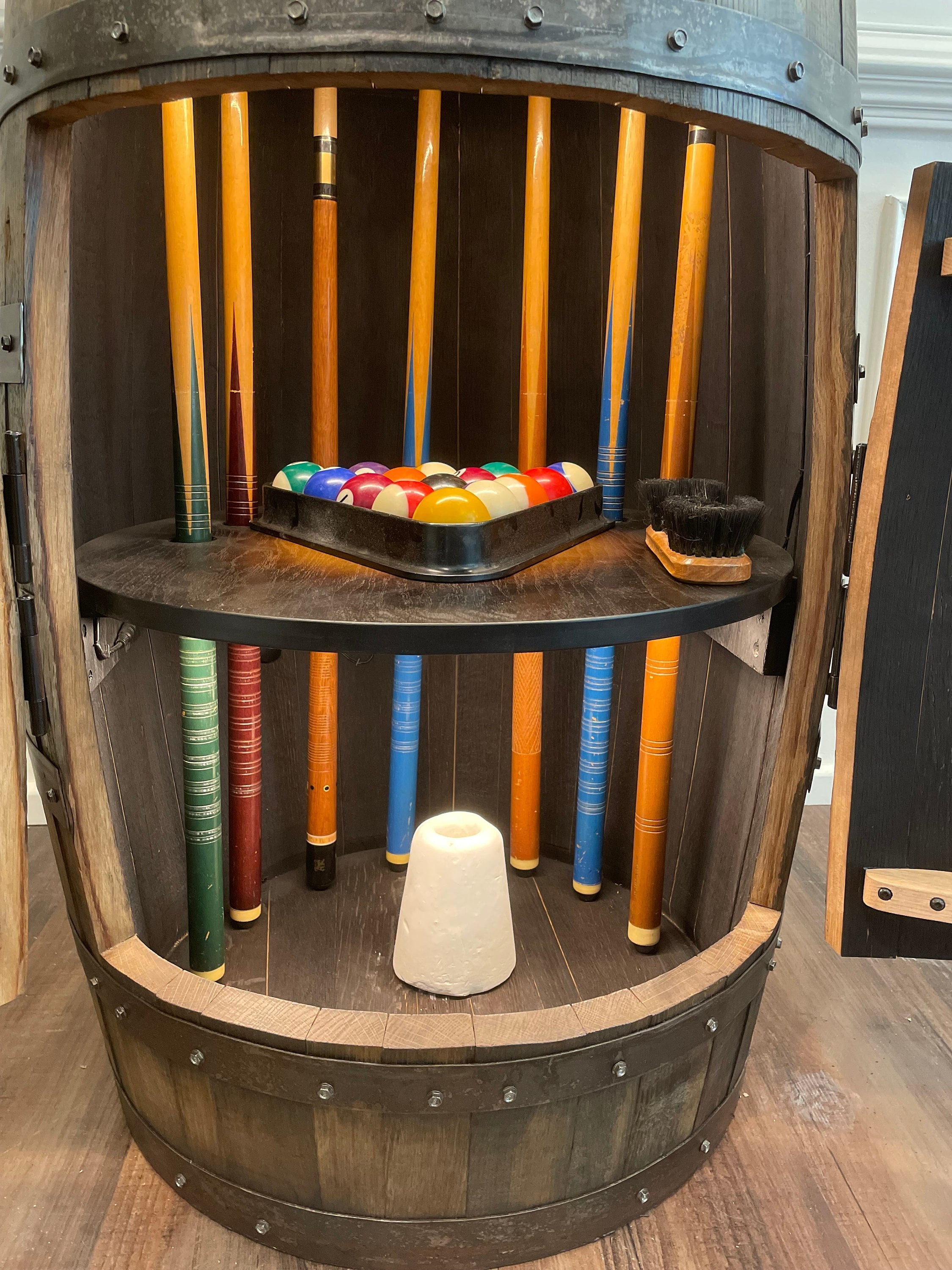 Whiskey Barrel Pool/Billiards Cabinet with LED Lighting