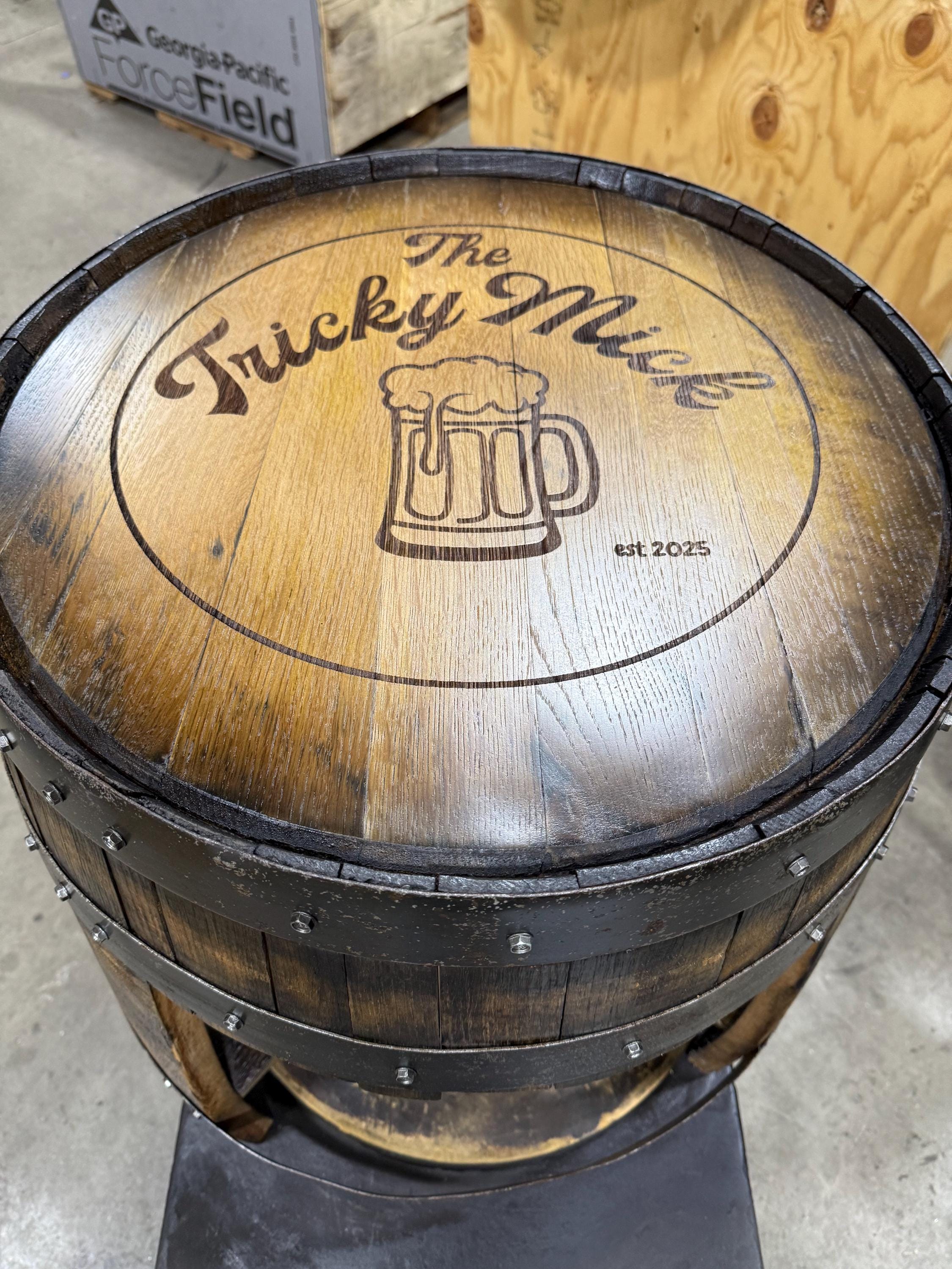 Whiskey Barrel Pool/Billiards Cabinet with LED Lighting